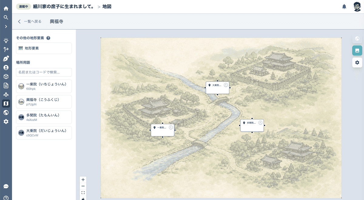 NoveLandの地図。物語の舞台がピンで示されている