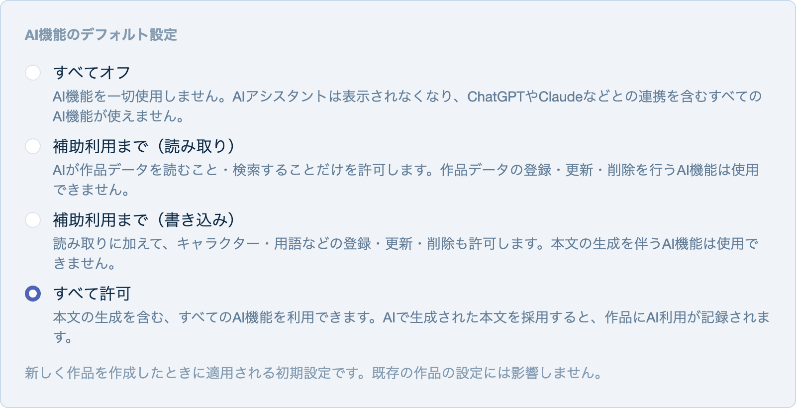 NoveLandの表示・動作設定にある「AI機能のデフォルト設定」で「本文の執筆まで」を選んだ状態